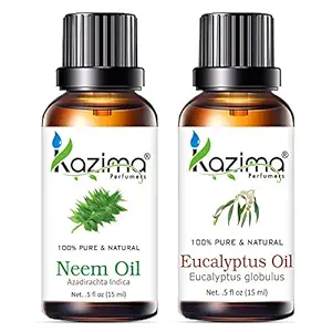KAZIMA Combo of Neem Carrier Oil and Eucalyptus Essential Oil - 100% Pure & Natural Oil for Acne Scars, Wrinkles, Dry Skin, Hair Growth, Dandruff Control, Mosquito Repellent, Joints & Pain, 15 ml each