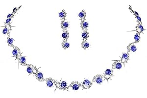 Wedity Wedding Crystal Necklace Earrings Set Bride Choker Necklaces Wedding Jewelry for Women and Girls (Blue)