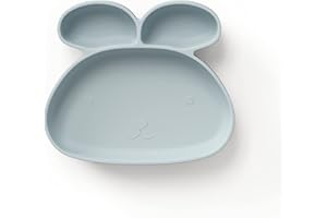 ÜneeQbaby Silikon-Kinder Teller i-Form - BPA-Frei, Spülmaschinenfest, Mikrowellen- und Ofensicher - Perfekt für Kleinkinder und Babys… (Hase - Flüsterblau)