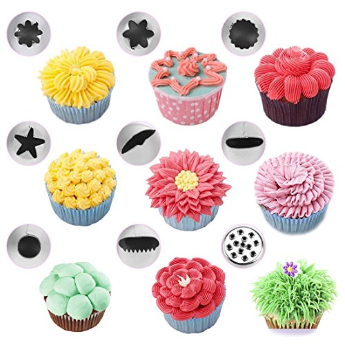 Spritztüllen Set, Seacue 22 Stücke Set Zum Dekorieren Von Kuchen, mit 11 kleine spritztüllen/ 4 große Spritztüllen/ 1 Gras Spritztüllen/ 1 Puffs Spritztüllen/ 2 Verbindungsstücke/ 1 Reinigungsbürste/ 2 Silikongebäckbeutel, Perfekt für Pralinen, Plätzchen, Keksen, Kuchen und Torten Deko decorating tools aus Edelstahl - 5