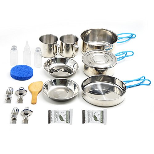 Pequeño Utensilios de Cocina de Camping, 11 piezas de regalo + 9 piezas de acero inoxidable Mess Kit ligero, compacto y duradero Pot Pan