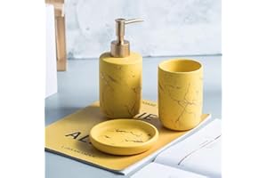 FülleMore Keramik Bad Accessoires Set luxuriös Marmor Optik 3-teiliges Badezimmer Zubehörset aus Seifenspender Seifenschale Zahnputzbecher (Gelb)