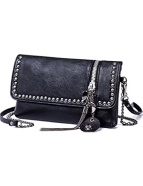 Rovanci Damen Handtasche Kette Hand Holding PU Schwarze Nieten Reißverschluss Schultergurt abnehmbar