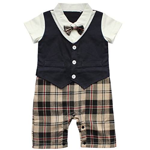 iEFiEL Newborn One Piece Baby Boy Plaids Bow Tie Gentleman Romper Bodysuit Outfits Dark Blue 6-9 Months