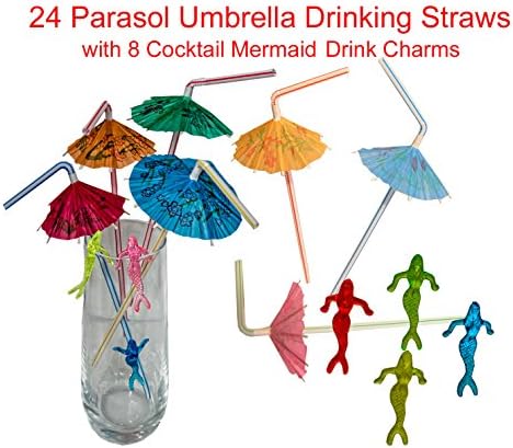 24 Parasol Umbrella Drink Straws with 8 Animal Drink Decorations