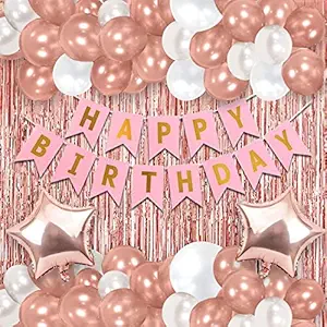 Party Propz Rose Gold Birthday Decoration Set For Birthday Decorations Party, Birthday Celebration Kit, Set For Girls Women Mom - Balloons, Banner, Foil Curtain, Foil Balloon - 49Pcs Girls Kits