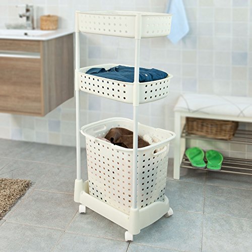 SoBuy Wäschewagen, Badregal, Aufbewahrungswagen, Wäschesammler, Wäschebox, Wäschekorb mit 3 Körben, FRG31-W - 2