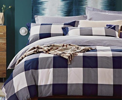 Louisiana BeddingCheck Duvet Cover Set 100% Cotton 200 Thread Count Navy White-King