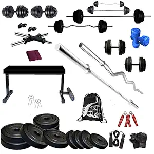 BodyFit Flat Bench with PVC 30 Kg Weight Plates 4 Rods Home Gym Set & Fitness Kit Combo