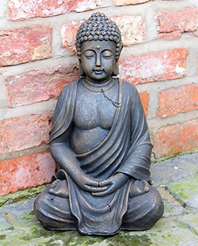 Großer sitzender Buddha in Stein-Optik für Innen / Außen dekorative thailändische Gartenskulptur, 39 cm - 6
