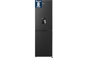 Fridgemaster MC55251DEB 55cm Freestanding 256 litre 50/50 Fridge Freezer with Non-plumbed Water Dispenser - Frost Free - LED Lighting- 4 Star Freezer Rating -Black - E Rated, H182.4 x W55 x D55.7 (cm)