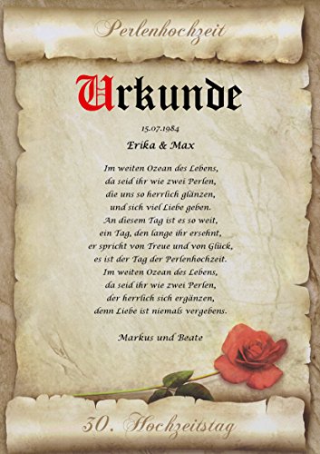 Perlenhochzeit Urkunde persönliche Geschenk Karte zum 30. Hochzeitstag Pergament div. A4 Papier Motive - 2