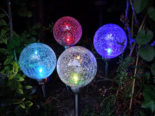 4er Set LED Solar Gartenleuchte mit Erdspieß – praktischer 4er Set Solar Gartenleuchten Kugel Leuchten Kugel Garten Beleuchtung – hochwertige Premium Solar Lampen mit 2 LEDs, weiß oder Farbwechsel auswählbar – Kristall Edelstahl Echtglas Kugel 12 cm Durchmesser – Premium Kugelleuchten aus Edelstahl und Echtglas im Kristalldesign – stilvolle und wunderschöne Gartenleuchte, wahlweise weiß oder Farbwechsel auswählbar - 4