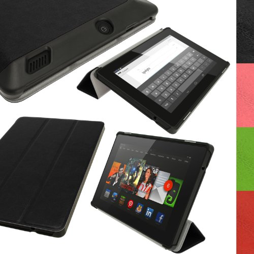 igadgitz Schwarz PU Ledertasche Hülle Smart Cover für Amazon Kindle Fire HD 7.0" 2 Gen 2013 mit Multi Winkelbetrachtungs Stand + Auto Sleep/Wake + Displayschutzfolie