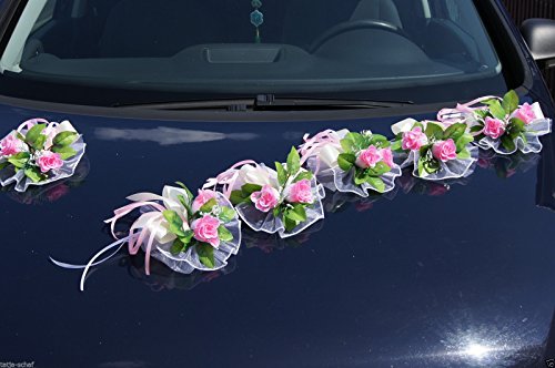 6 St. Autoschmuck Blumen Blüten Girlanden Hochzeit Autodeko Kunstblume NEU LA50 (Rosa) - 2