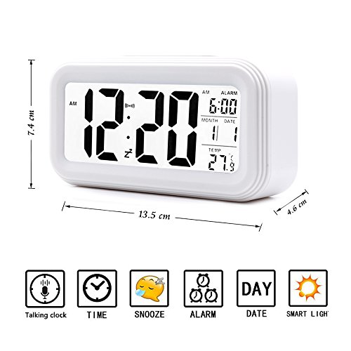 Ankoda® batteriebetriebener LED Digital-Wecker mit extra großem Display, Snooze, Datumsanzeige, Temperatur und Sensor Licht (weiß) - 3
