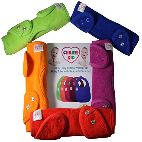 BEST Baby Bibs Waterproof with Snaps for Girls & Boys (5 Pack) - Waterproof Teething Dribble Baby Bibs Set - Perfect For Baby Gifts Basket NewBorn By CHARIS KID
