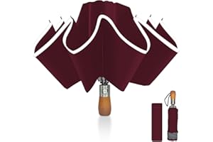 Pioggistar Wiatroszczelny składany parasol, automatyczny parasol wsteczny, parasol przeciwdeszczowy 10 wzmocnionych żeber dla mężczyzn i kobiet, drewniany uchwyt, średnica 105 cm