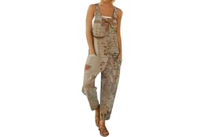 Onsoyours Femme Salopette Combinaison Ample Sans Manches Jambes Larges Jumpsuit Style Bohème Casual Playsuit Vintage Lin Imprimé Floral Été Overalls Rompers avec Poches