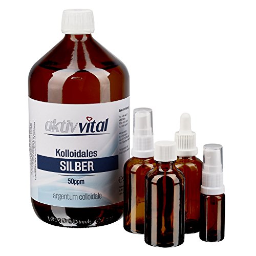 Profiset Kolloidales Silber 50ppm Aktiv-Vital: 1000ml KS, 3 Leerflaschen Braunglas 50ml (mit Schraubverschluss, Sprayaufsatz und Pipette), 10ml Braunglasflasche mit Sprayaufsatz.