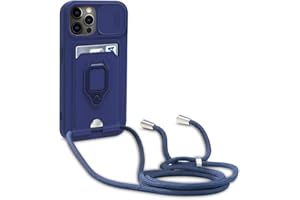 yanasuo Schiebe Kameraschutz Silikon Handykette Hülle kompatibel mit iPhone 12/12 Pro, Metall Ring Halter Handy Cover,Verstellbarer Halskette Handyhülle-Blau