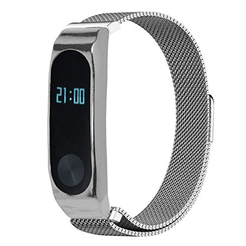 Pinhen MI Band 2 Banda de Silicona Metal Mesh Repuesto Correa de Recambio Brazalete Extensibles Surtido de Colores para Xiaomi Mi Band 2 Wireless Pulsera  Milanese Silver 