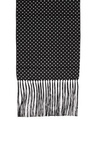 Dress Scarf. Black with White Polka Dots. 100% Silk with Viscose Fringe