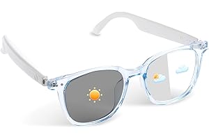 TULBEYS Smart Glasses for Men Women, Open Ear Bluetooth Glasses with Photochromic Lenses, Touch Control, Voice Assistant Clear Audio, Remote Photography, Blue Frame and white legs, Perfect for Indoor Outdoor