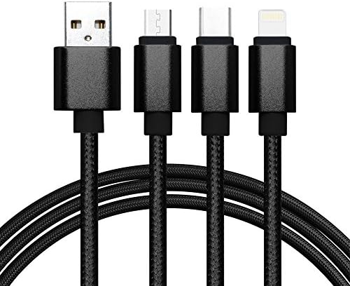 Campus Telecom® Black Woven Nylon 3-in-1 Universal Multifunction USB Cable, Type C/Micro USB Adaptor 8 Pin Lightning USB Charging Cable for iPhone 5, 6, 7, Samsung Galaxy A3 A5 A7 J1 J3 J5 J7 S7 S7 Edge S8 S8+ Wiko, Sony Xperia, Nexus, Nokia, Huawei, LG, Alcatel Honor, Etc -