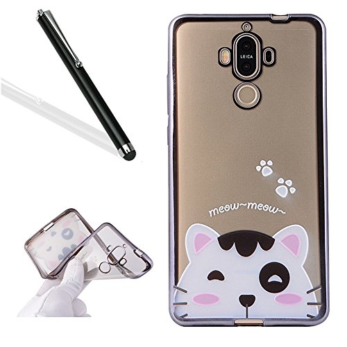 Huawei Mate 9 Case Cover with Free Black Stylus Pen,Leeook Luxury Elegant Beautiful Cool Cute Cat Electroplate Plating Frame Crystal Soft Gel Silicone TPU Case Cover Bumper for Huawei Mate 9