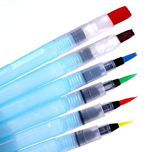 Color Technik Water Coloring Brush Pens, Set of 6 Premium Brush Tips for Watercolor Painting, Calligraphy, Water Soluble Pencils, Brush Pen Markers, Solid Colors or Powdered Pigment, Perfect Gift Idea