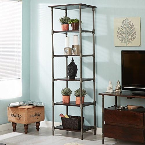 British Raj Furniture Sandpiper Handmade Industrial Narrow Tall Bookcase Walnut Stained Metal Legs