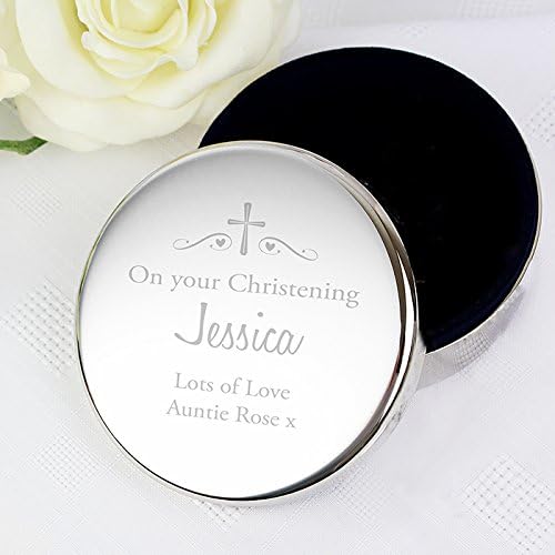 Personalised Religious Swirls & Hearts Round Trinket Box - Great for Christenings, 1st Holy Communions, Baptisms and Weddings.