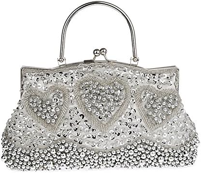Beaded Evening Handbag Clutch Purse Party Wedding Bag Women Love Heart Sequin (Silver)