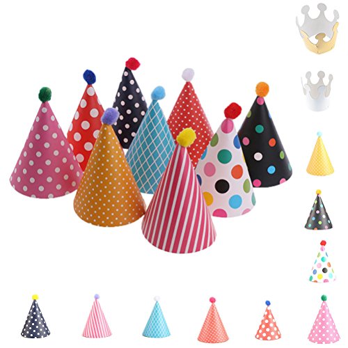 NUOLUX Partyhüte Geburtstag,Kuchen Geburtstag Party Kegel Hüte mit Pom Poms,11pcs - 6