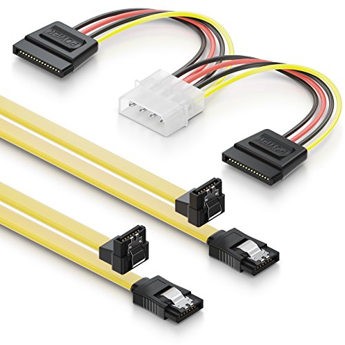 SET - 2x deleyCON 0,5m S-ATA 3 Kabel + 4pin zu 2x SATA Stromadapter - HDD / SSD Datenkabel mit Clip - 1x Stecker gerade zu 1x Stecker 90° Grad Winkel
