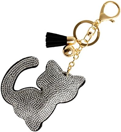 The Cheers Fashion Charm Keychain Pendant Crystal Cat Rhinestone Leather Keyring Bag Purse (Silver)