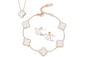 Biliqueen Fashionable Four-Leaf Clover Jewelry Set, Women Titanium Steel Necklace Stud Earrings Bracelet Set Dainty Enamel Jewelry Set for Teen Girls Women (White)