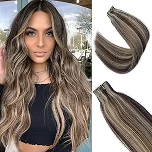 Short Straight Tape Hair Extensions Brown to Blonde Lowlights 30grams 20pcs Skin Weft Heat Resistant Real Human Hair Tape in Extensions Blonde Mixed(H#4/613, 16inches)
