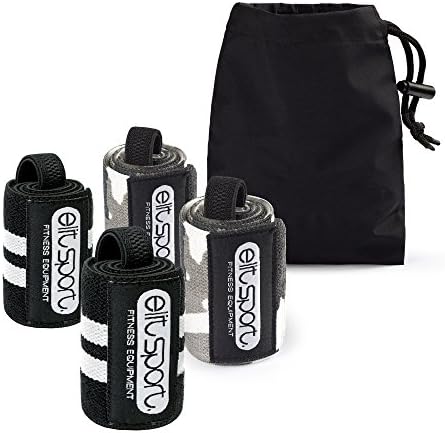 Elit Sport SupportSystem Wristbands (2 Pairs/4 Wraps) | 18" (45 cm) Heavy Duty Wrist Wraps | Crossfit | Weightlifting | Powerlifting | Kettlebells | PressUps and PullUps – Support and Protection for Wrists – Unisex – Includes Carry Bag (Grey Camo / Black White Stripes)