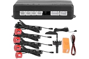 Hlyjoon Parking Sensor Car Vehicle English Voice Broadcast Reverse Backup Parking Detector System 12V DC Parking Distance Control System with 4 * Radar Sensors(Red)