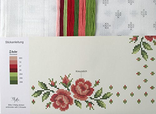 Stickpackung SOMMER ROSEN / Komplettes Vorgezeichnetes Tischdecken Set zum Sticken / Blumen Stickset mit Stickvorlage für Erwachsene / Sticken im Kreuzstich - 2