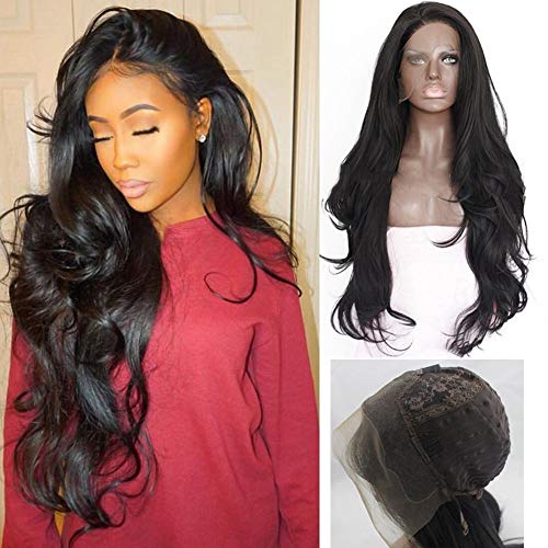 Ankamal Elec Long Black Wave Lace Front Peluca Natural Wave Pelucas sintéticas Peluca de cabello humano Fibra resistente al calor con pelo de bebé para mujeres Natural Negro 24 pulgadas