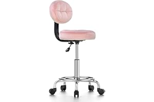 RATTANTREE Sgabello da Ufficio con Poggiapiedi Circolare, Sedia Uffico con Schienale Rimovibile, Sgabello con Ruote In Velluto, Regolazione in Altezza di 15 cm per Salone di Massaggio, Cliniche, Ufficio, Rosa