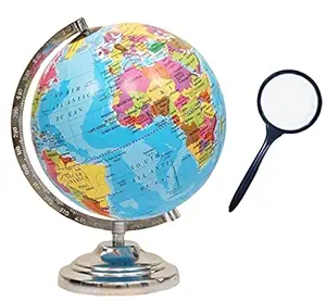 GeoKraft Educational Globe 10 inches Height and 8 Inches Diameter Rotating World Globe with Steel Finish Arc and Base / World Globe / Home Decor /Office Decor / Gift Item (Blue)