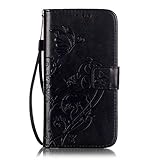 Coque pour Samsung Galaxy S5 Mini, Etui pour Samsung Galaxy S5 Mini, ISAKEN Coloré Fleur Papillon Style PU Cuir Flip Magnétique Portefeuille Etui Housse de Protection Coque Étui Case Cover avec Portable Dragonne Stand Support et Carte de Crédit Slot pour Samsung Galaxy S5 Mini (Fleur Papillon Noir)