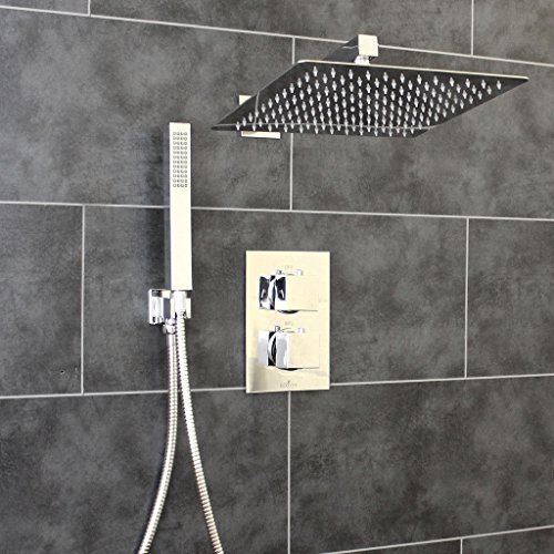 Premium Concealed Twin Thermostatic Shower Mixer Valve in Chrome with 2 Outlets and Large Ultra Thin 300mm Square Overhead