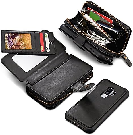 JGOO Galaxy S9 Plus Case, 2 in 1 PU Leather Huge Capacity 10 Card Slots Detachable Wallet Case,[Hidden Mirror & Zip Bag] Magnetic Separable TPU Back Cover for Samsung Galaxy S9 Plus,Black