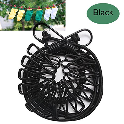 Bewegliche Spielraum-elastische Wäscheleine justierbare Wäscheleine mit 12pcs Wäscheklammern für im Freien und Innengebrauch (Schwarzes)