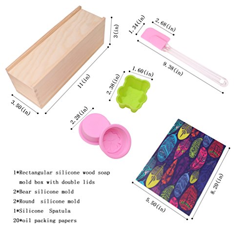 TOPQSC DIY Seifen Set rechteckige Silikonform mit Holzkiste , einem Rosa-Silikonform, 2 Bär-Silikonform, 2 kleine Formen mit Lucky Clover Bild und 20 Stück geölte Papier – ein bestes Geschenk (Blau) - 3